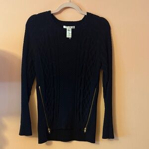 CAbi Navy Sweater with Gold Zipper Details